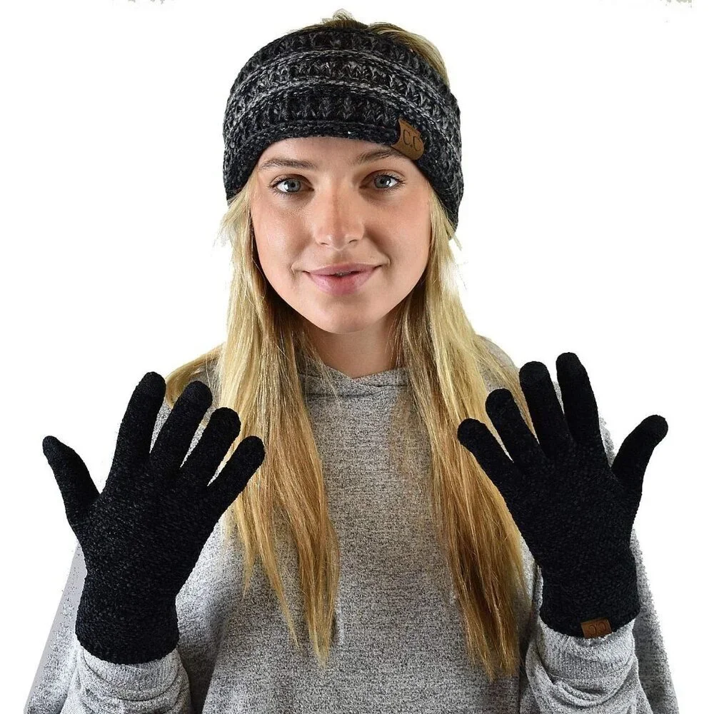 Women's Black Winter Warm Eco-friendly Chenille Touchscreen Texting Gloves